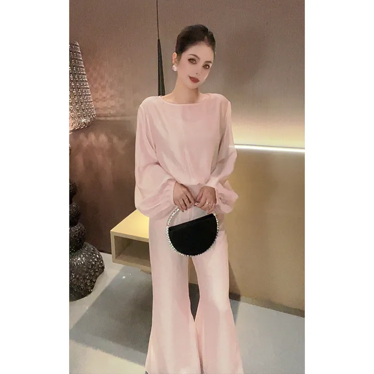 （三件套）秋季时尚灯笼袖拼接微喇裤套装TZ30847