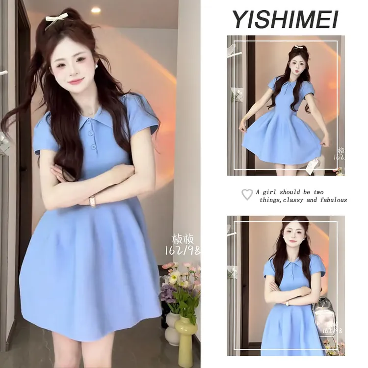 今年流行夏季穿搭2025新款韩系温柔风短袖polo领显瘦连衣裙短裙子