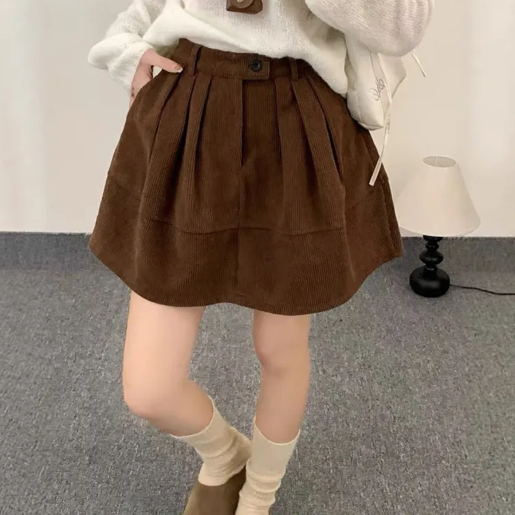法式复古灯芯绒百褶半身裙女秋冬小个子遮胯百搭花苞短裙蓬蓬裙