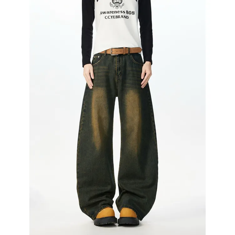 美式复古cleanfit阔腿弯刀牛仔裤男女街头小众设计感宽松休闲裤潮