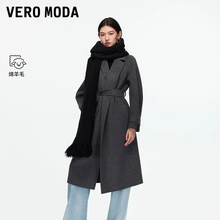 Vero Moda毛呢大衣2025秋冬新款腰带纯绵羊毛双面呢外套时尚百搭