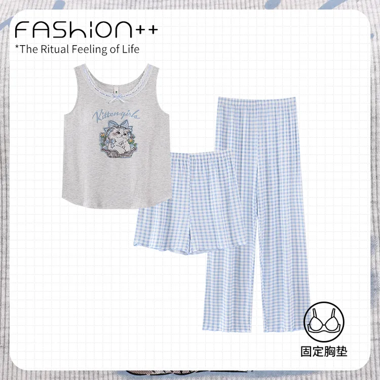 夏季新款小猫咪背心三件套带杯垫睡衣格子裤减龄透气舒适套装2311