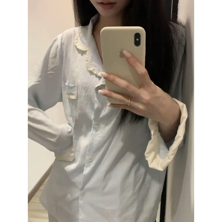 甜美花边baby蓝亲肤长袖睡衣女春秋季新款大码薄款长裤家居服套装