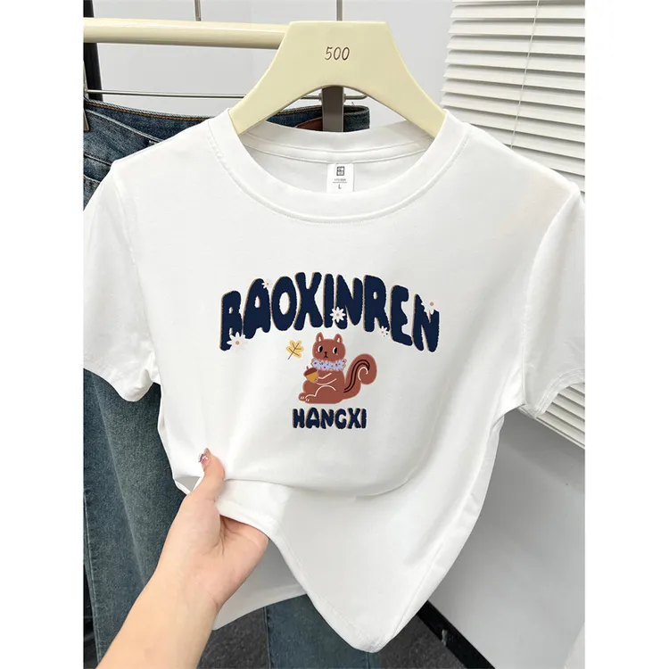 韩版洋气小松鼠印花正肩短袖t恤女夏季大码胖MM显瘦百搭圆领上衣