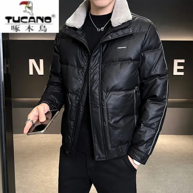 啄木鸟冬季新款男士国标羽绒服毛领可脱卸翻领短款保暖修身皮夹克