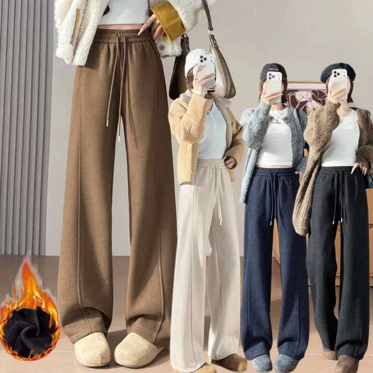 加绒保暖毛呢阔腿裤女秋冬季新款垂感直筒裤大码宽松显瘦休闲窄版