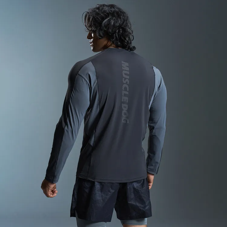 肌肉狗 运动长袖男秋季美式复古撞色户外休闲圆领T恤训练健身上衣