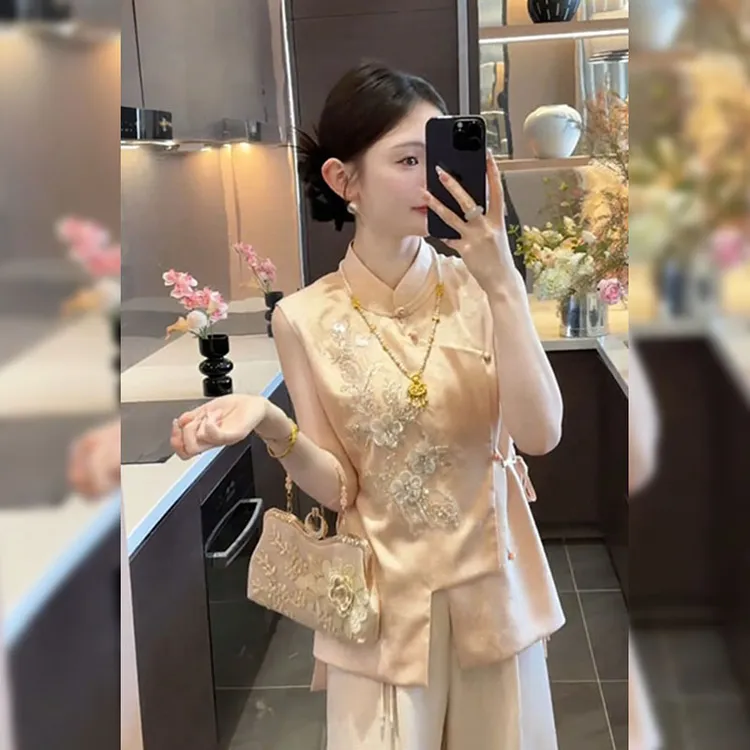 2025新款夏季重工亮片钉珠缎面上衣高腰显瘦阔腿裤子女