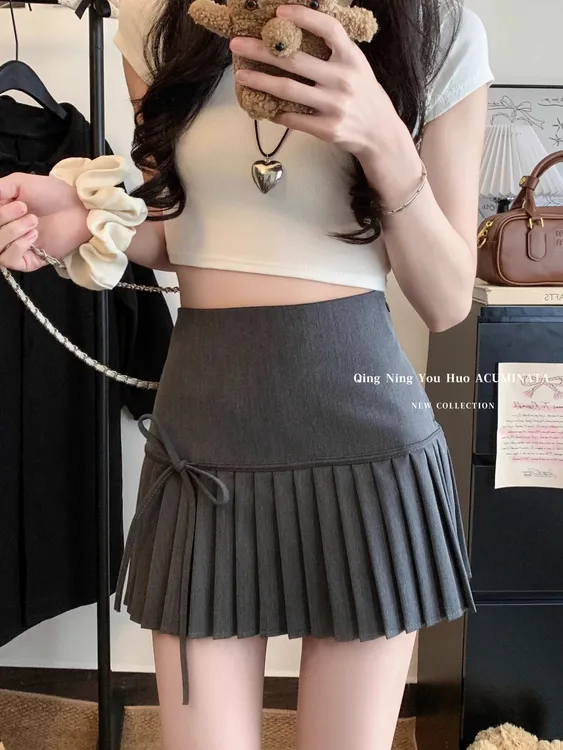 甜辣妹风蝴蝶结防走光半身裙女夏季高腰A字裙百褶裙短裙