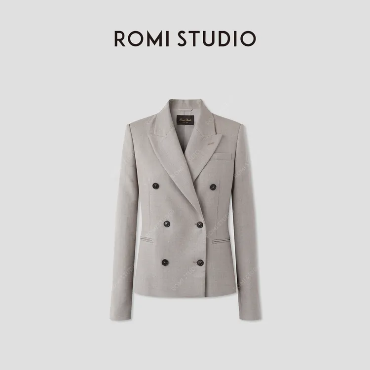 ROMI STUDIO“复古端庄”羊毛混纺柔软翻驳领双排扣西装 RWCSWD3798