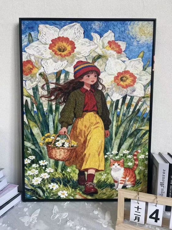 D72砂岩画采花的女孩油画质感客厅卧室装饰画50*70