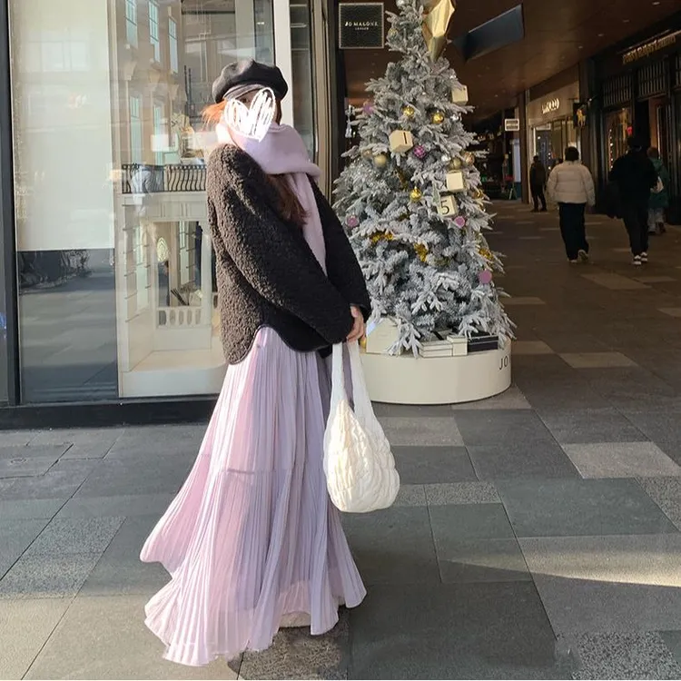 温柔风紫色半身裙2025新款高腰仙女裙春夏气质百搭压褶半身长裙女