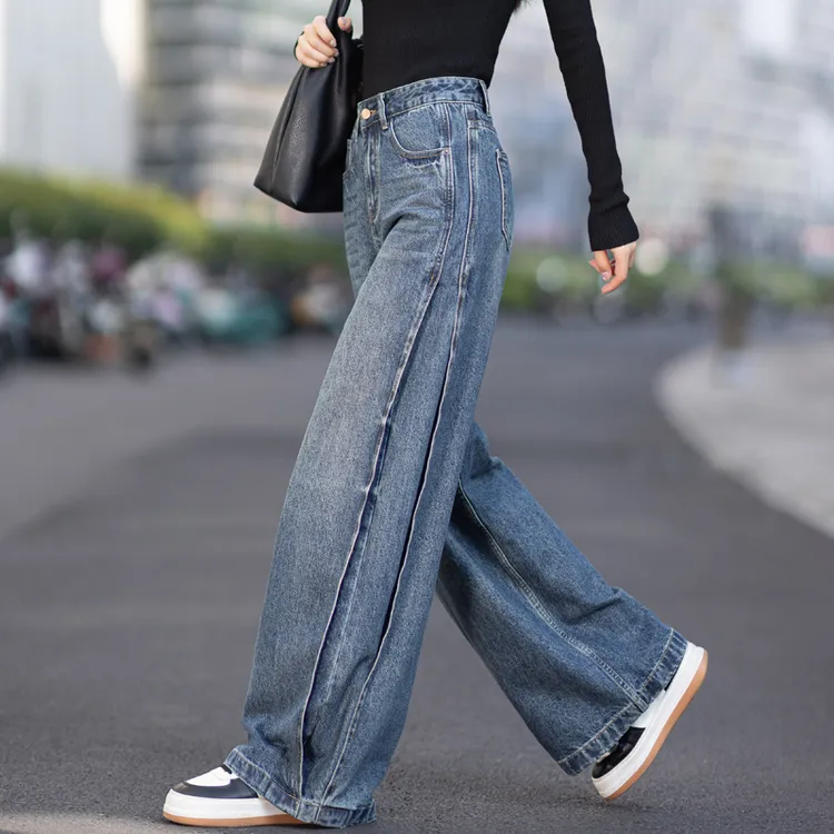 美式拼接阔腿牛仔裤女2025新款秋季裤子设计感直筒弯刀裤高腰显瘦