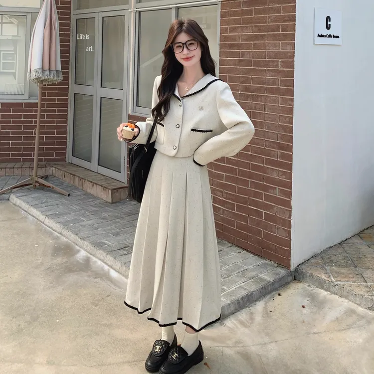 miu系法式小香风套装裙女2025秋季高级感海军领上衣半身裙两件套
