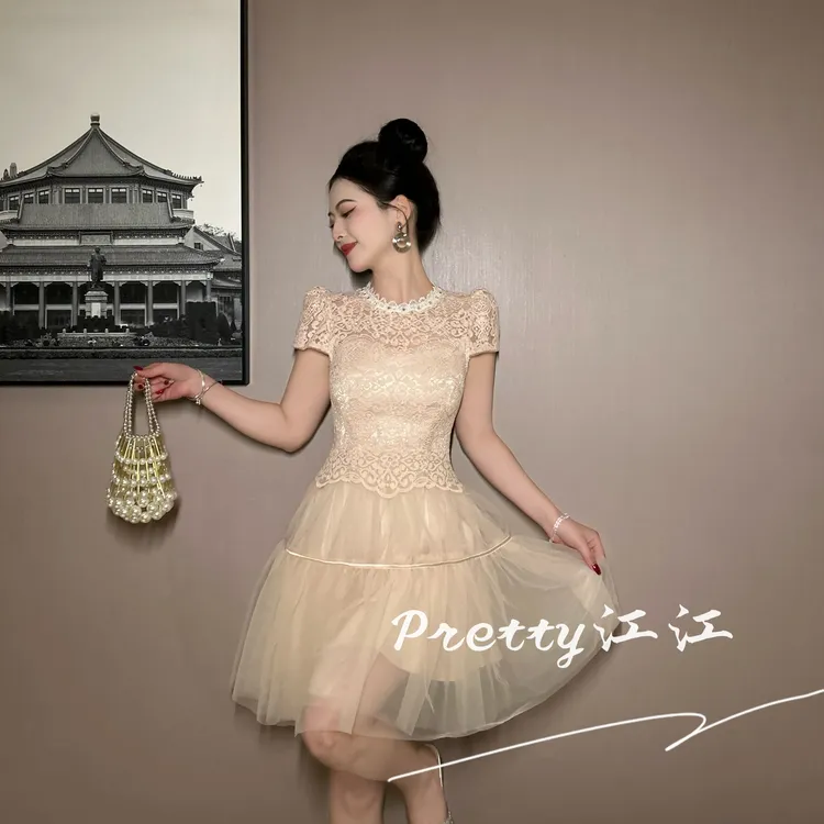 Pretty小众设计师品牌江江定制 蕾丝气质优雅国风连衣裙21789