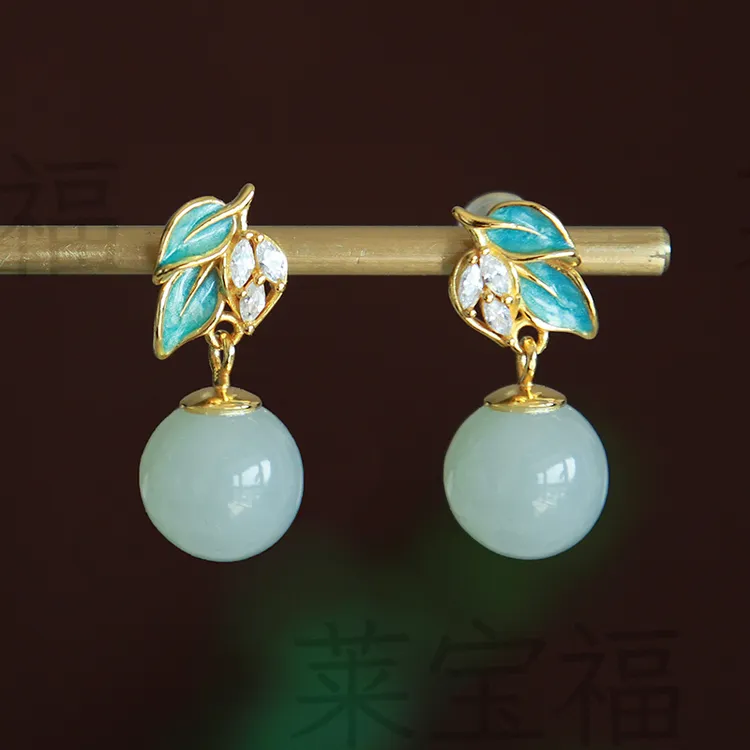 天然和田玉珐琅圆珠耳坠女 小巧时尚灵动玉坠耳环 925银防过敏