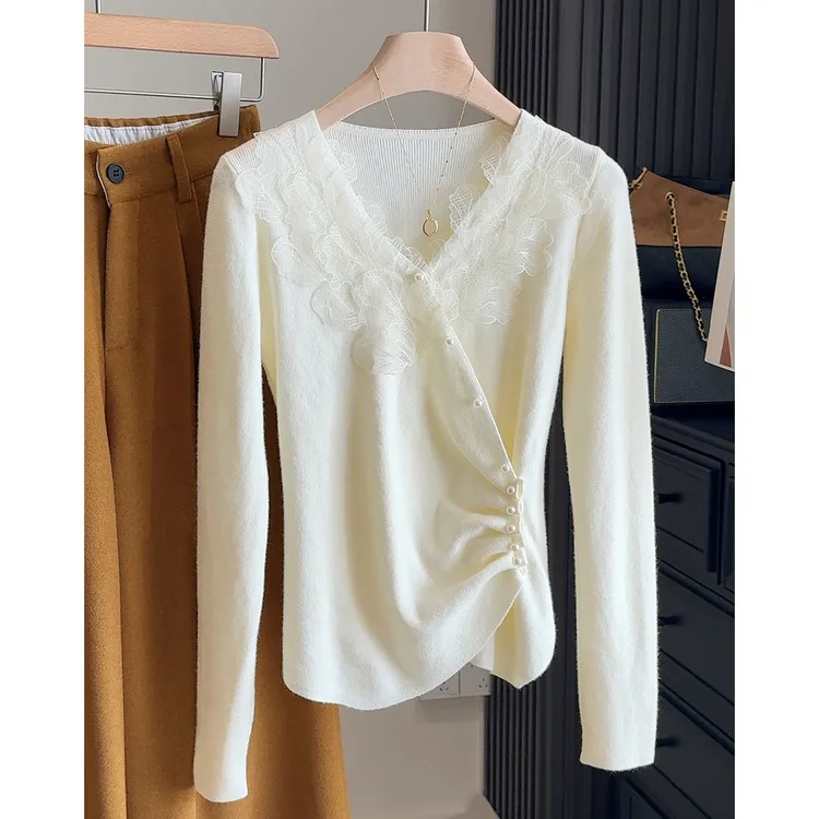 气质显瘦百搭时尚秋冬设计感蕾丝针织打底衫上衣女装2025年冬季新