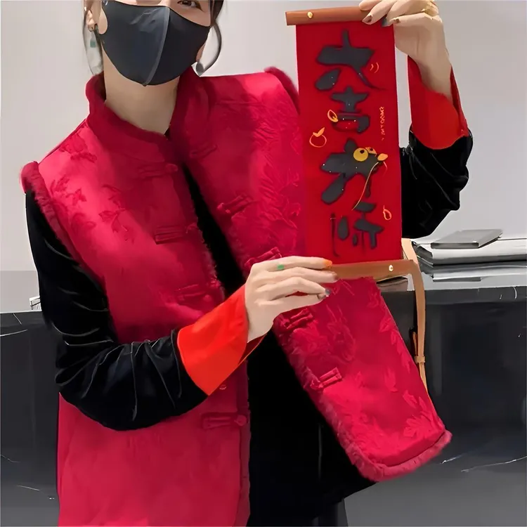 今年流行秋冬洋气新中式国风本命年红色盘扣棉马甲女保暖背心上衣