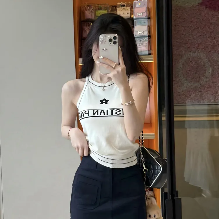 A法式撞色字母设计夏装新款针织背心女修身显瘦百搭外穿无袖上衣
