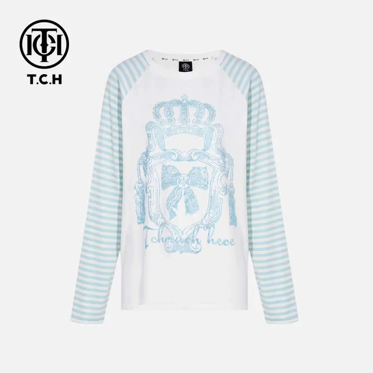 TCH轻奢秋季慵懒风烫钻条纹拼接长袖女装T恤T75C08E9020轻奢tch