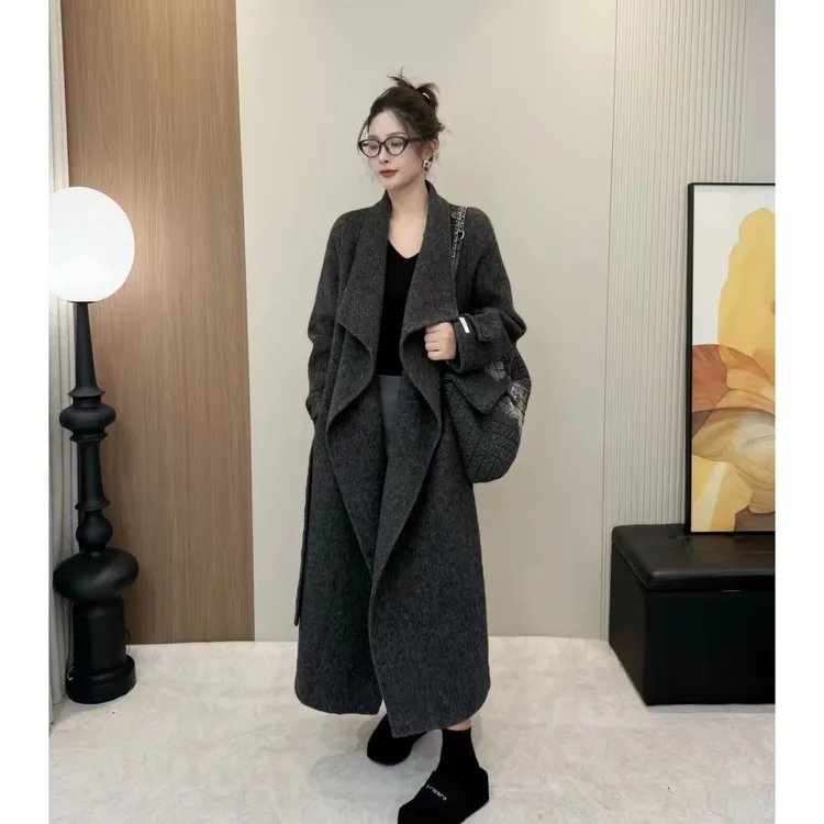 大衣女双面羊绒大翻领宽松加长高级感大码慵懒厚毛呢外套秋冬新款