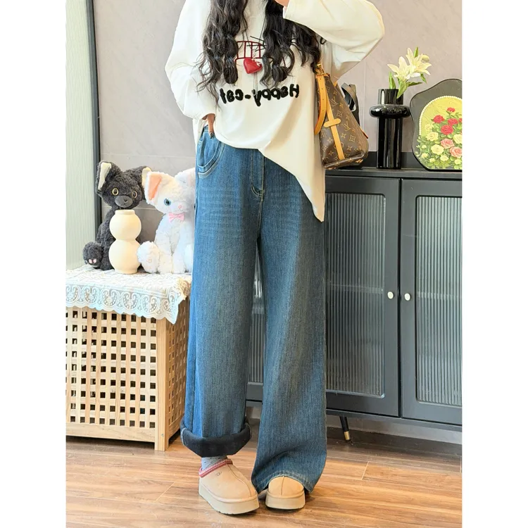 花契“暖冬愿望”大码女装冬季宽松200斤胖mm复古水洗牛仔裤15955-H