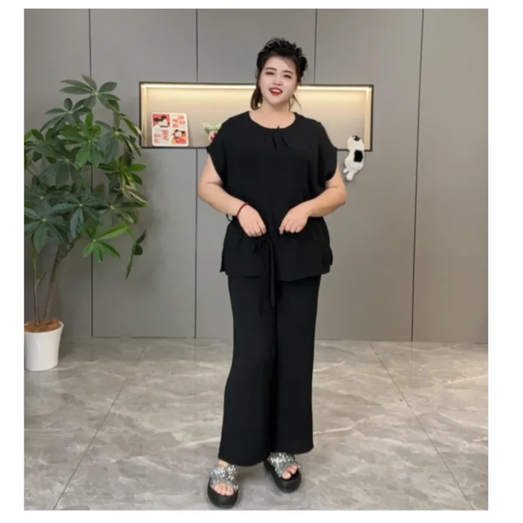 2915夏季新款胖mm时尚净色气质腰带两件套上衣➕裤阔腿 