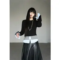 呆毛【极简fitcheck】冬季新品显瘦圆领假两件磨毛长袖T恤DMJ4882