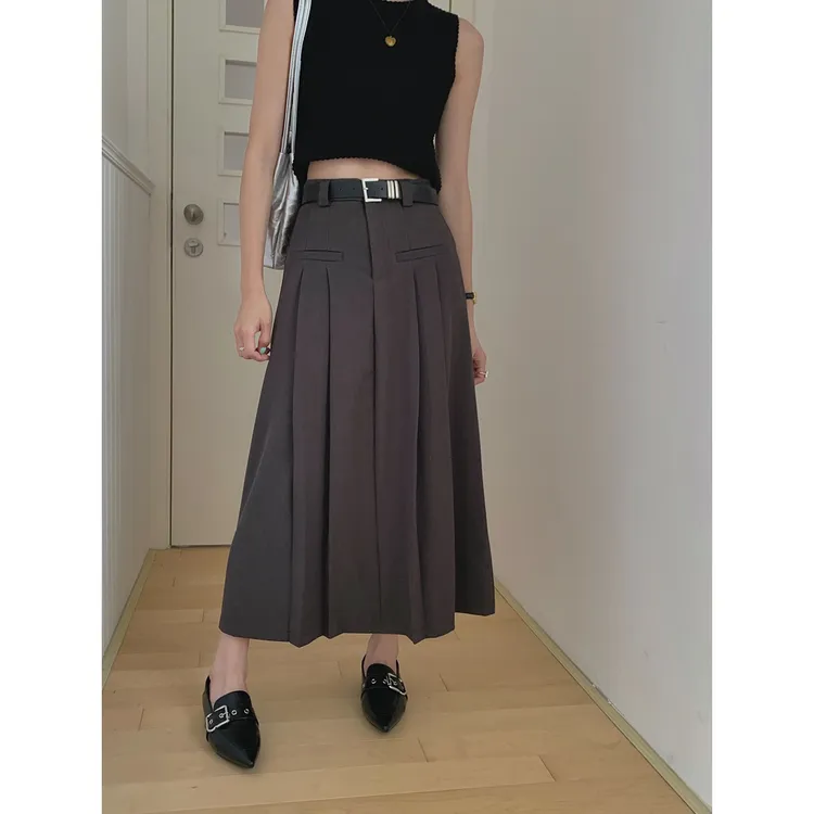 高腰西装半身裙女2025新款显瘦a字裙设计感百褶长裙纯色压皱混纺S