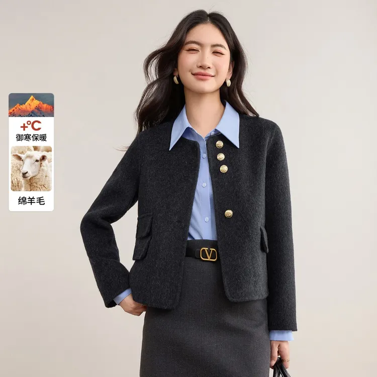 尚都比拉都市圆领金属扣真口袋厚保暖短款棉羊毛双面呢大衣F8771