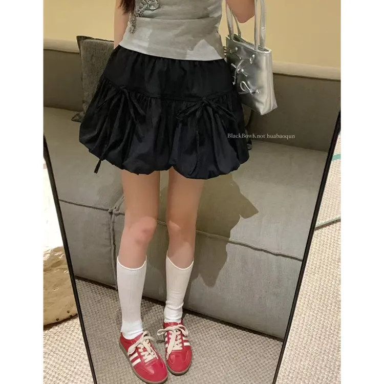【小陈专属】蝴蝶结黑色花苞裙半身裙女夏季纯欲甜美松紧高腰短裙子