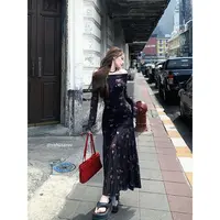 溺水三鱼【香颂妲己】早春一字肩收腰a摆玫瑰碎花印花连衣裙