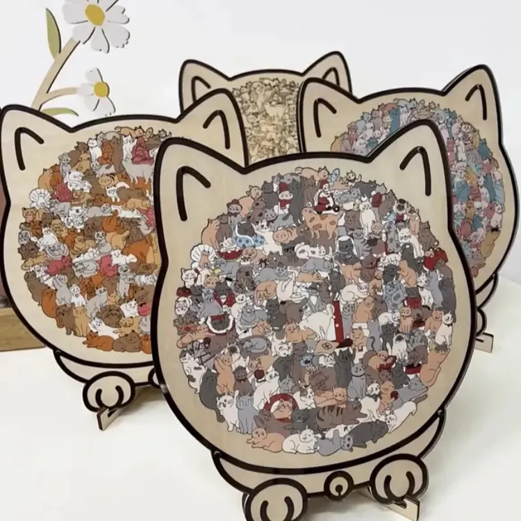 新款拼图猫木质拼图猫狗难度烧脑猫咪异形diy拼图创意礼物摆件