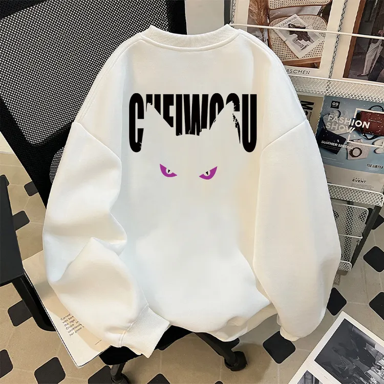 恶魔猫咪卫衣男秋冬季男款美式高街ins圆领潮牌男士加绒潮流长袖