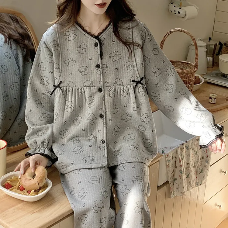 秋冬季孕妇睡衣空气棉夹层月子服产后哺乳大码喂奶家居服保暖套装