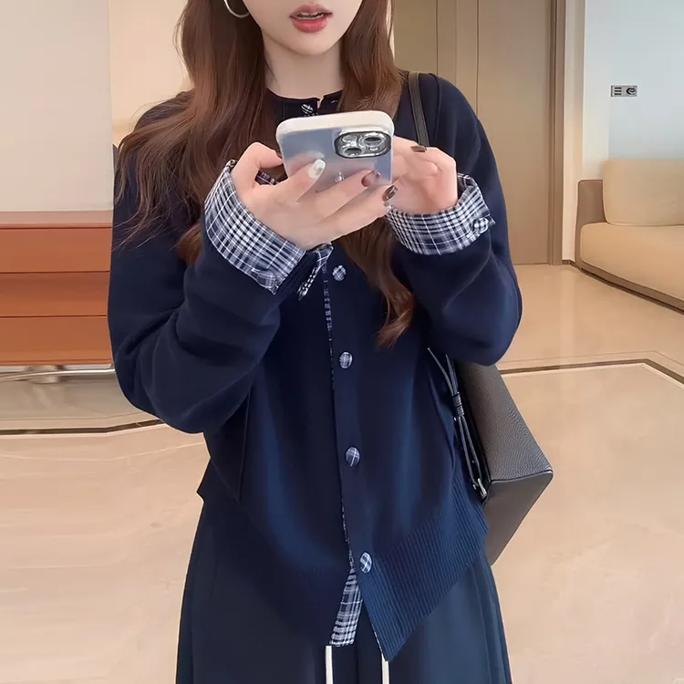 假两件长袖T恤女士2025春秋新款修身内搭打底衫显瘦针织开衫上衣
