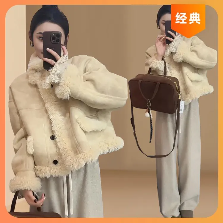 时尚皮毛一体短外套女2025秋冬季新款小个子加厚保暖机车毛毛上衣
