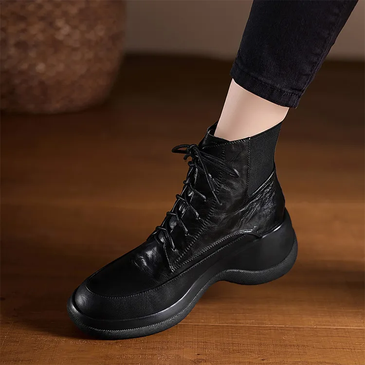 香港原创软羊皮复古马丁靴女秋冬新款小个子高跟松糕厚底系带短靴