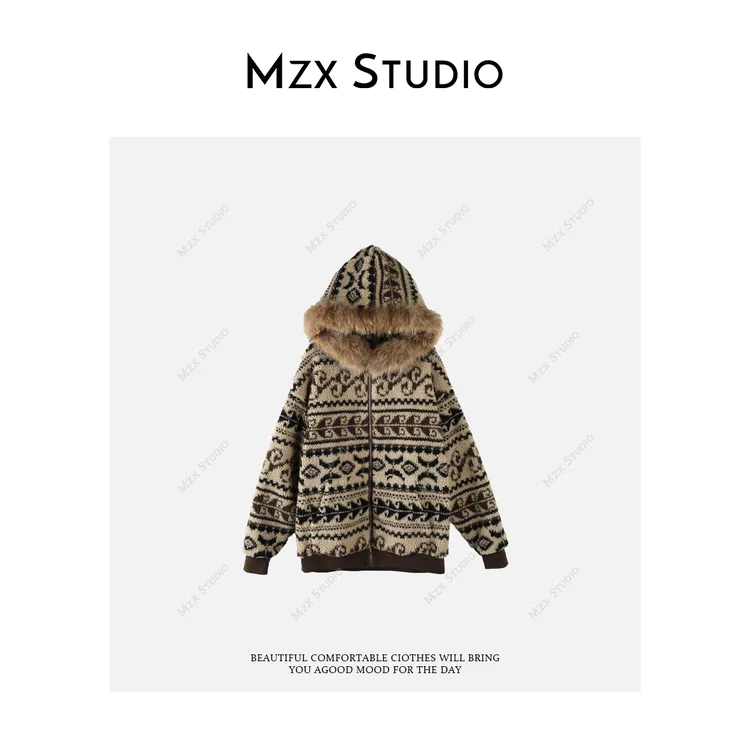 MZX游牧风费尔岛摇粒绒可拆卸貂子毛领加绒外套冬季WT11631-C