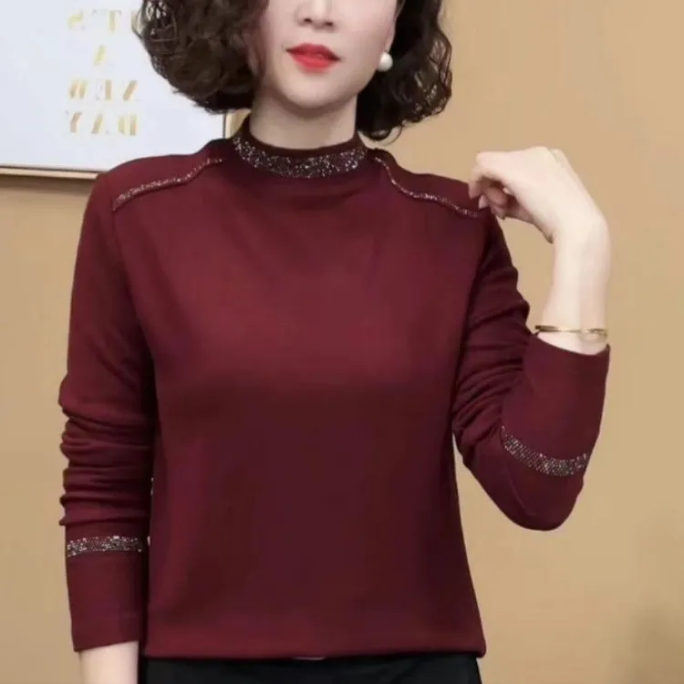 5028#秋冬新款洋气减龄百搭显瘦烫钻女生德绒打底衫上衣