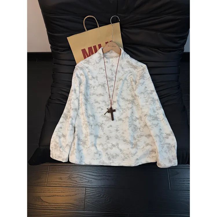 半高领美式扎染德绒卫衣男秋冬季加绒加厚内搭打底衫情侣装t恤潮