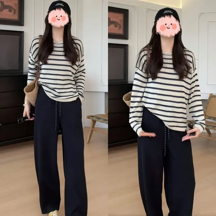 2025春夏季宽松长袖条纹针织防晒上衣百搭显瘦休闲裤气质套装女