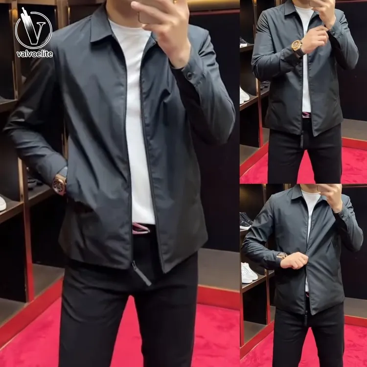 VALVOELITE男士春秋季新款欧货纯黑色翻领夹克外套舒适高品质时尚