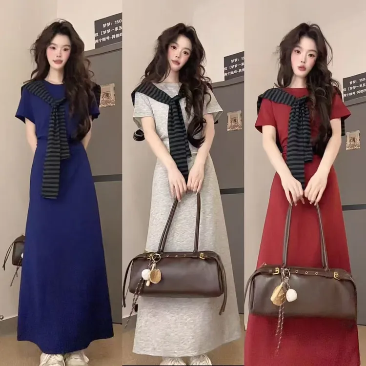 新款圆领连衣裙夏季女气质时尚垂感显瘦收腰减龄长裙QZ2279