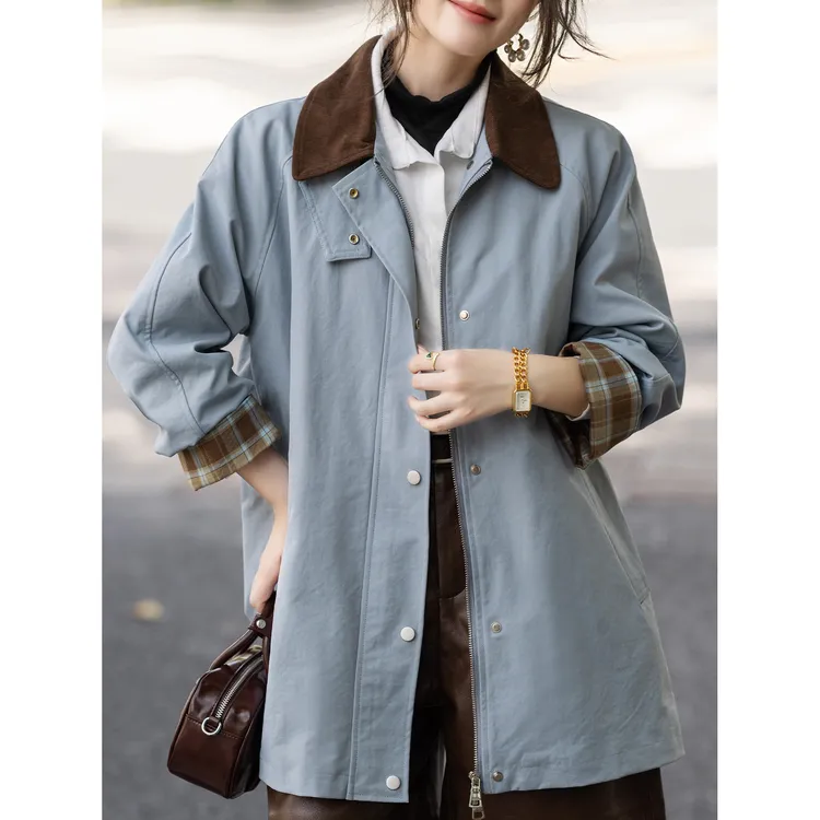 大码韩版风风衣女2025秋冬新款工装风撞色拼接翻领休闲中长款外套