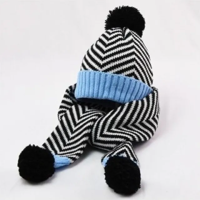冬季儿童保暖条纹帽围巾二件套小孩针织毛线帽子围巾男女两件套XF