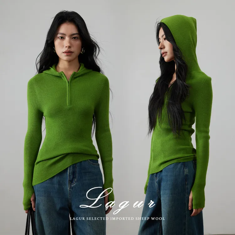 运动风【扬子纱系列】一衣多穿*无缝一体100%羊毛连帽针织打底衫