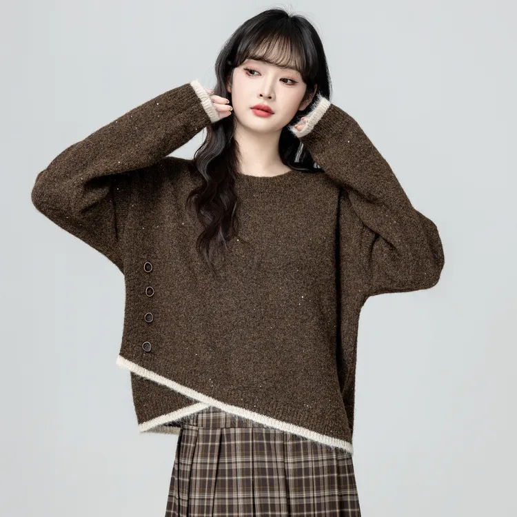 咖色圆领毛衣女款加厚秋冬2025冬季新款不规则内搭针织衫短款上衣