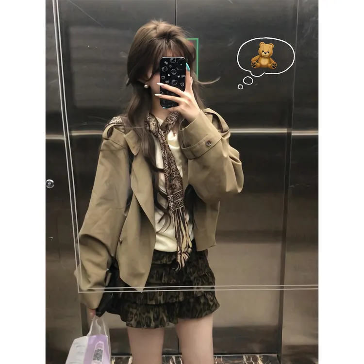 2025秋季新卡其色短款风衣外套女上衣小个子豹纹半身裙蛋糕短裙子