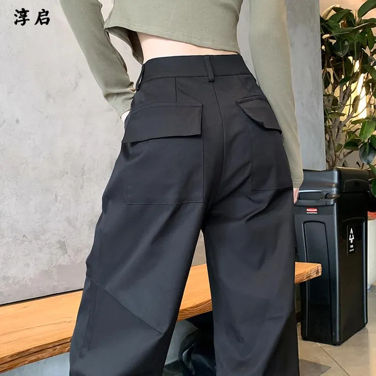 淳启时尚美式工装裤子女夏季新款高腰垂感直筒休闲拖地运动阔腿裤